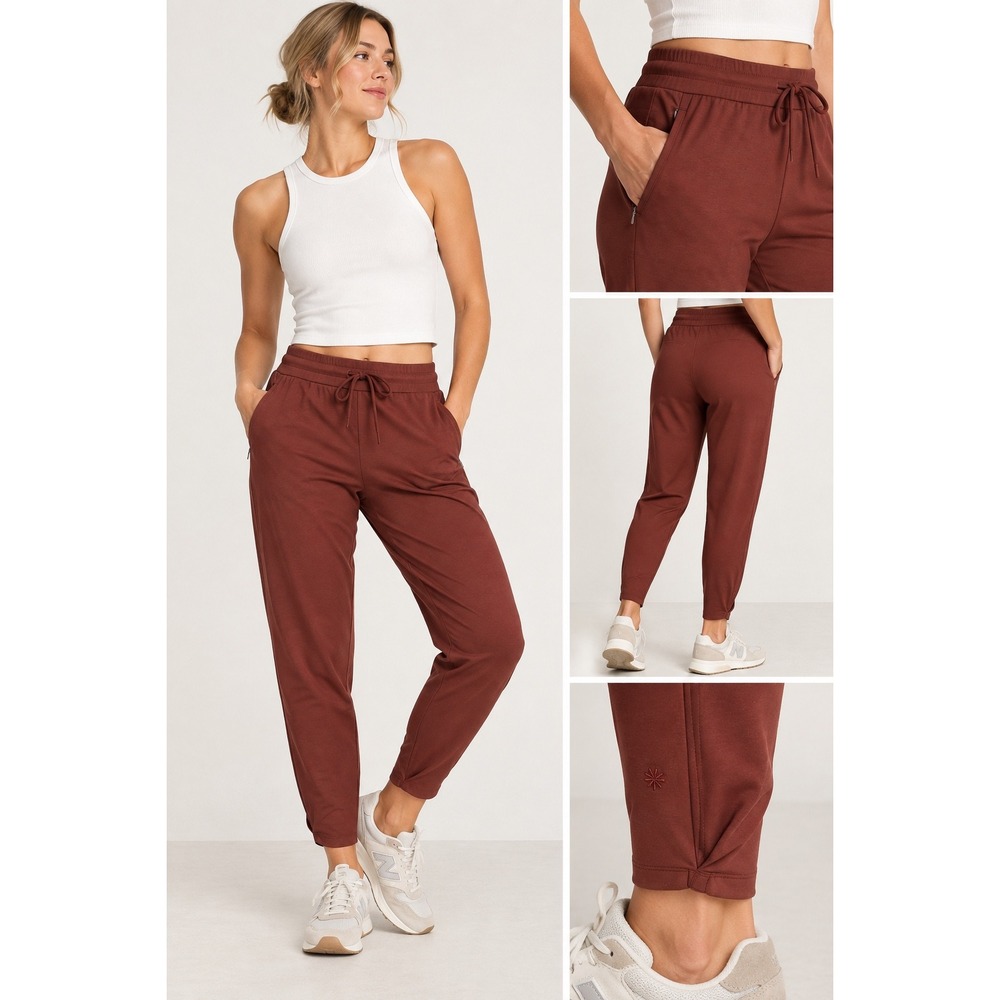 Athleta Women Mahogany Brown Tapered Jogger Pants Size L Zip Pockets Drawstring